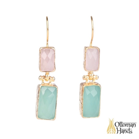 NWT Ottoman Hands Rose Chalcedony Drop Earrings Gold Overlay - Picture 3 of 8